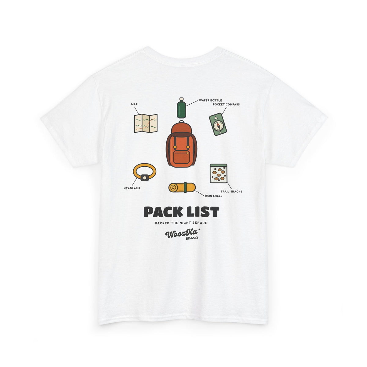 WoozKa Brands Hiking T-Shirt, Backpacking Gear List Back Print