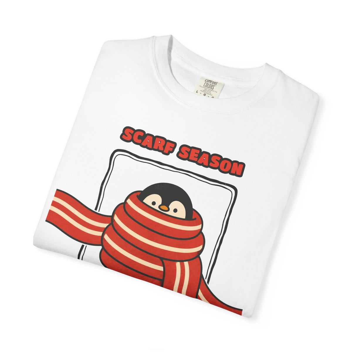 WoozKa Brands Scarf Season Penguin Garment-Dyed T-Shirt, Front Graphic