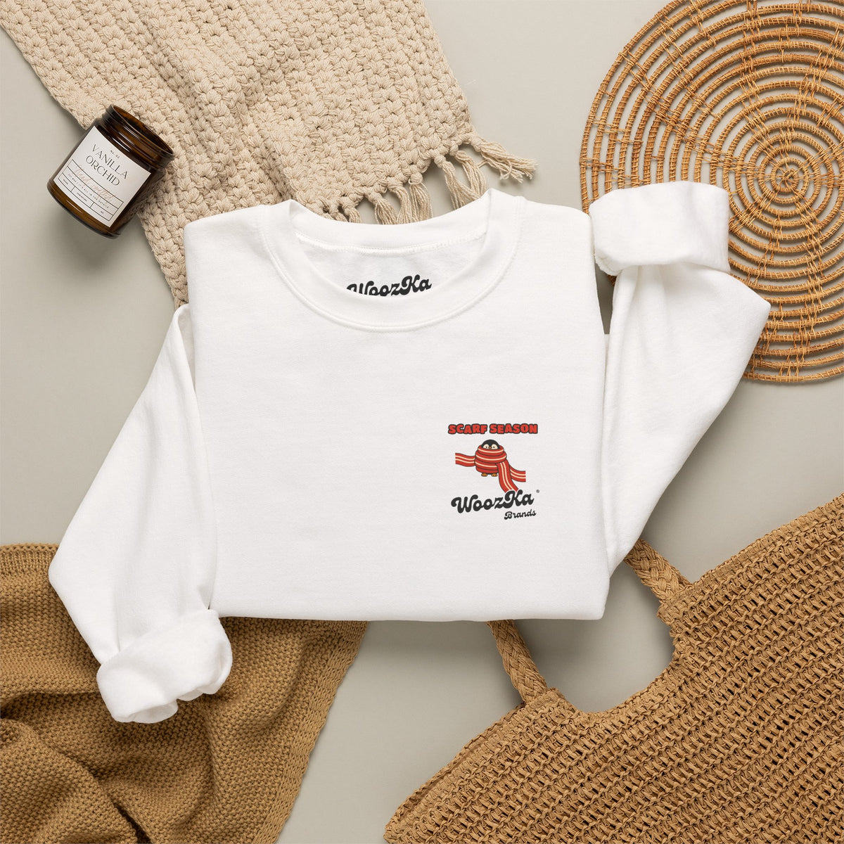 WoozKa Brands Scarf Season Penguin Crewneck Sweatshirt, Two-Sided Graphic