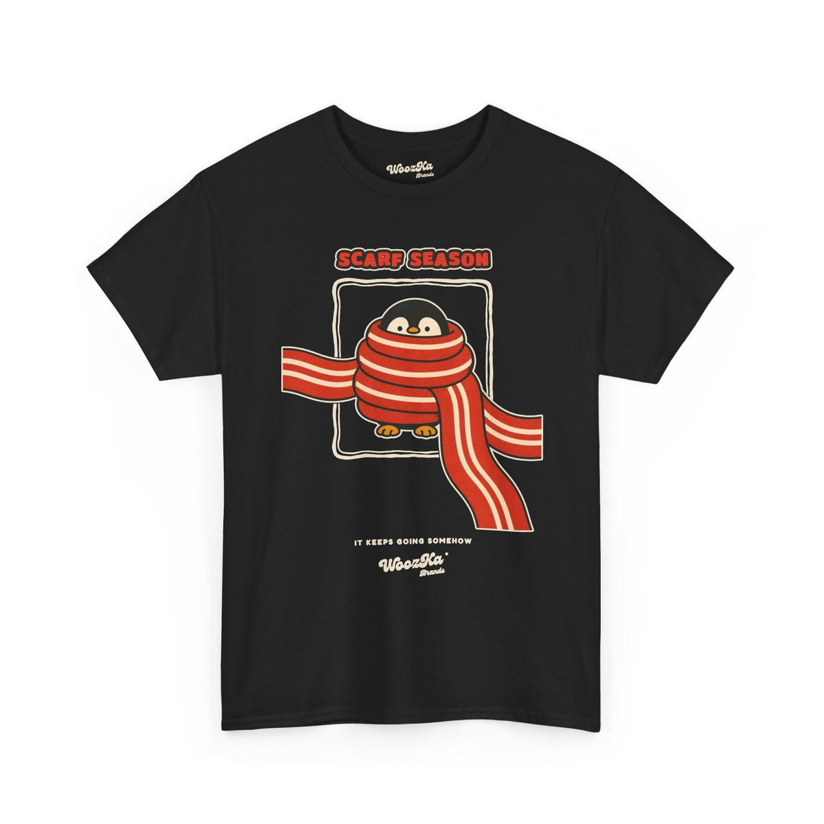 WoozKa Brands Scarf Season Penguin Heavy Cotton T-Shirt, Front Graphic