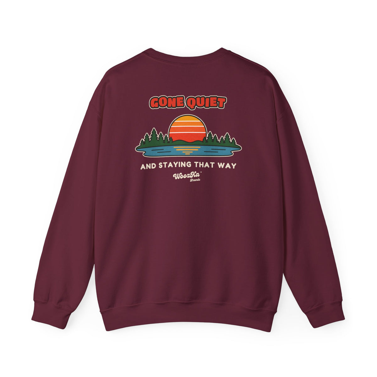 WoozKa Brands Retro Sunset Lake Sweatshirt, Nature Outdoors Pine Back Print