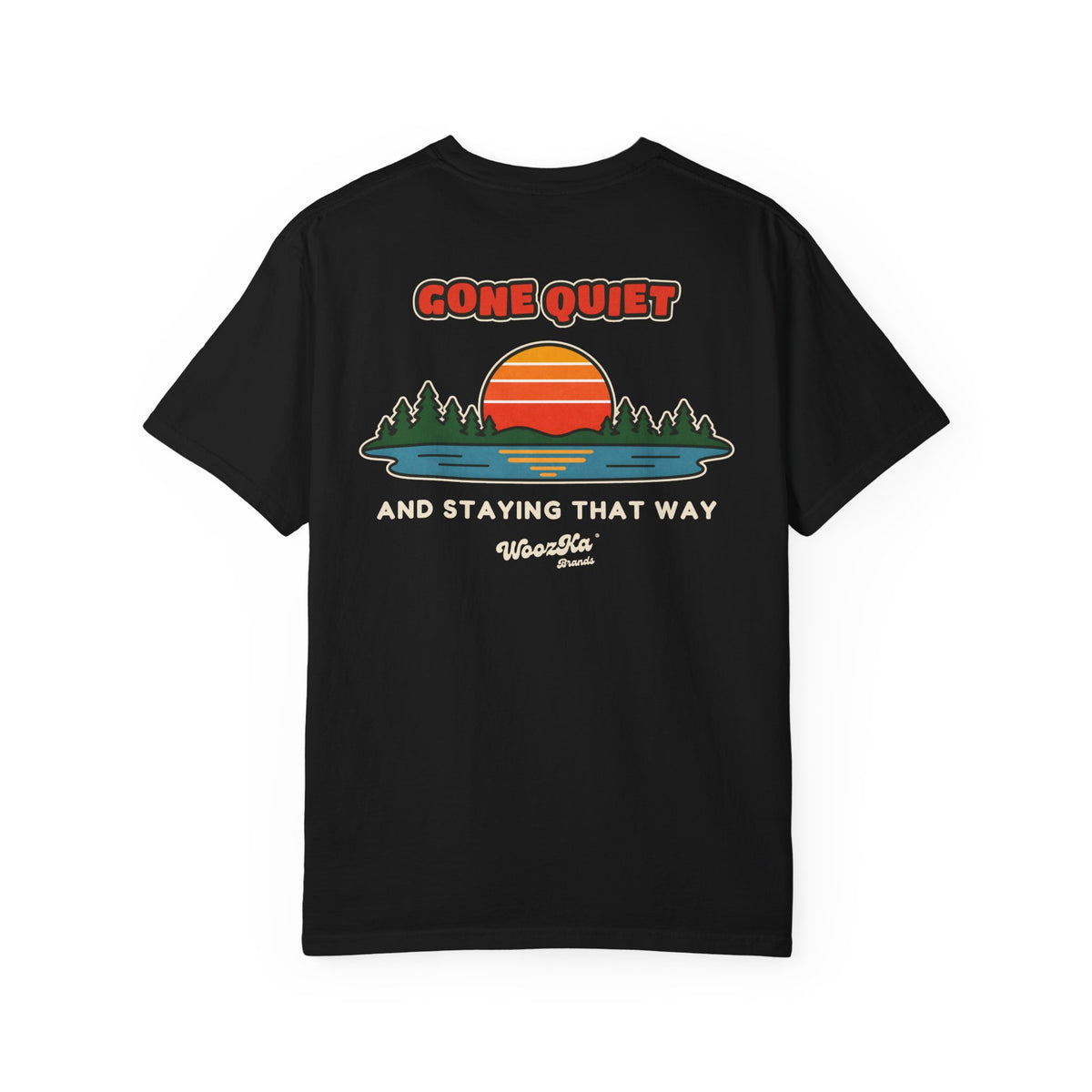 WoozKa Brands Retro Sunset Lake Heavyweight Tee, Nature Outdoors Back Print