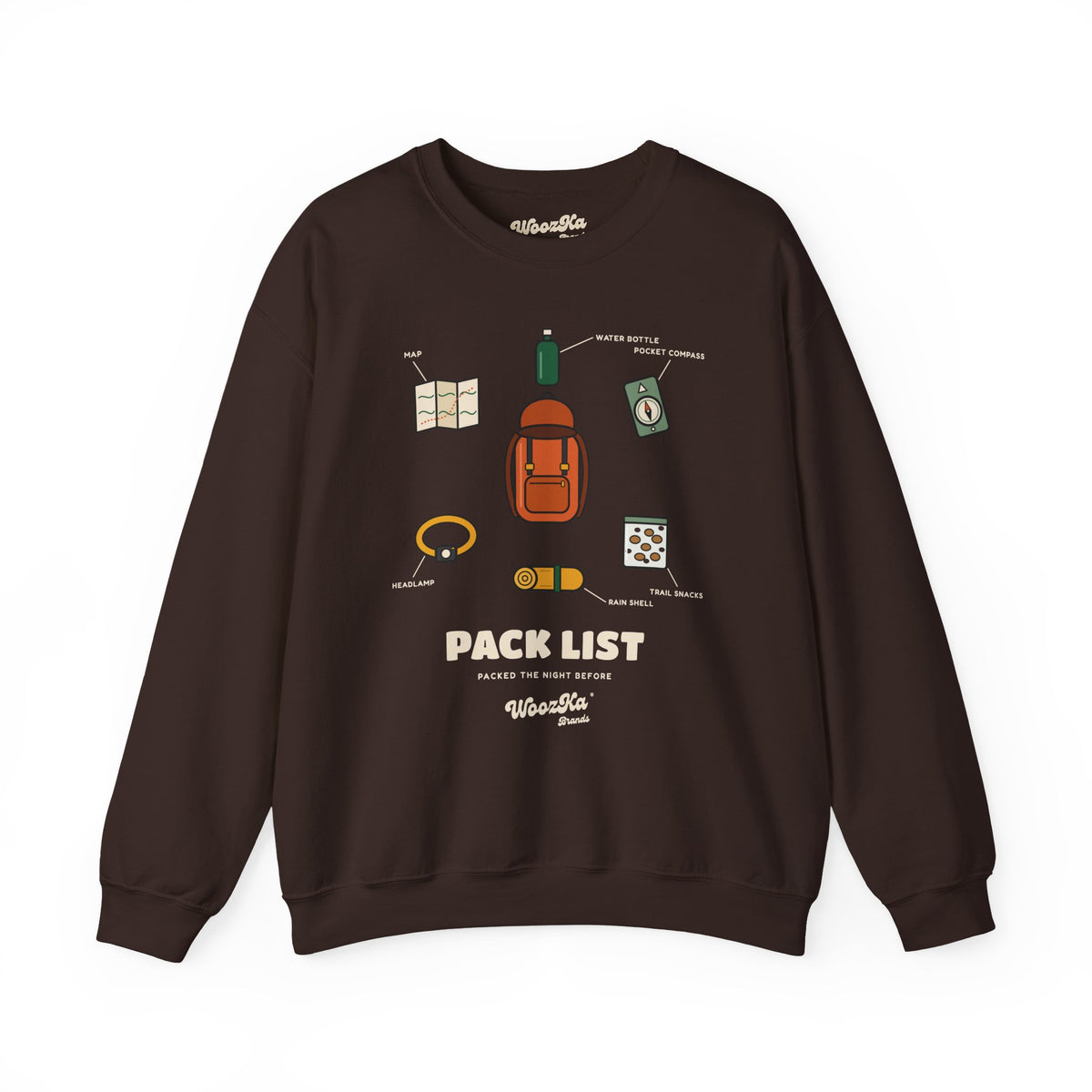 WoozKa Brands Hiking Sweatshirt, Backpacking Gear List Front Print