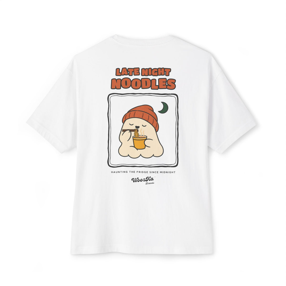 WoozKa Brands Late Night Noodles Ghost Oversized Boxy T-Shirt, Two-Sided