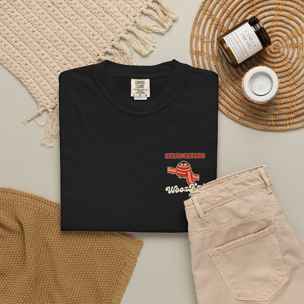 WoozKa Brands Scarf Season Penguin Garment-Dyed T-Shirt, Two-Sided Graphic