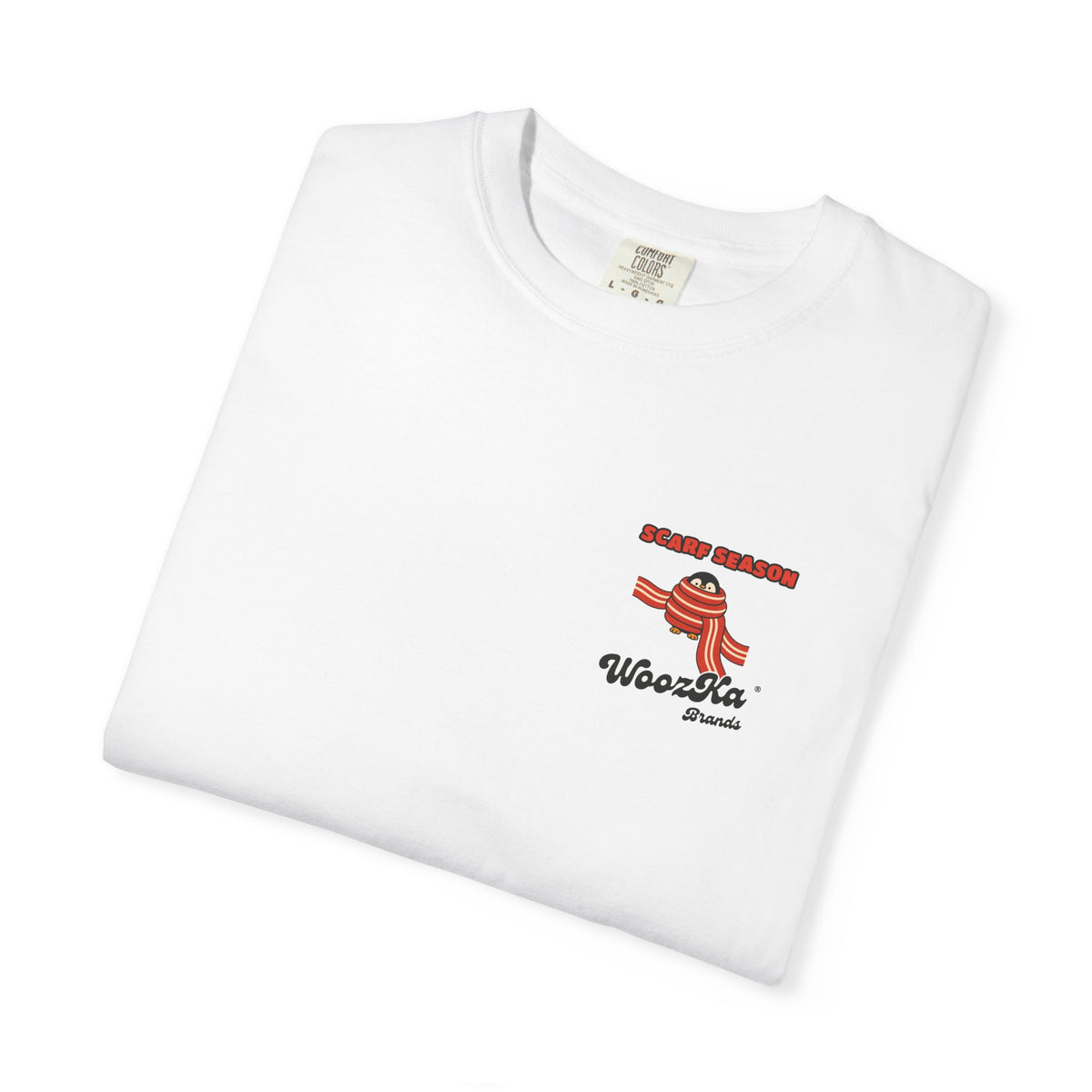 WoozKa Brands Scarf Season Penguin Garment-Dyed T-Shirt, Two-Sided Graphic