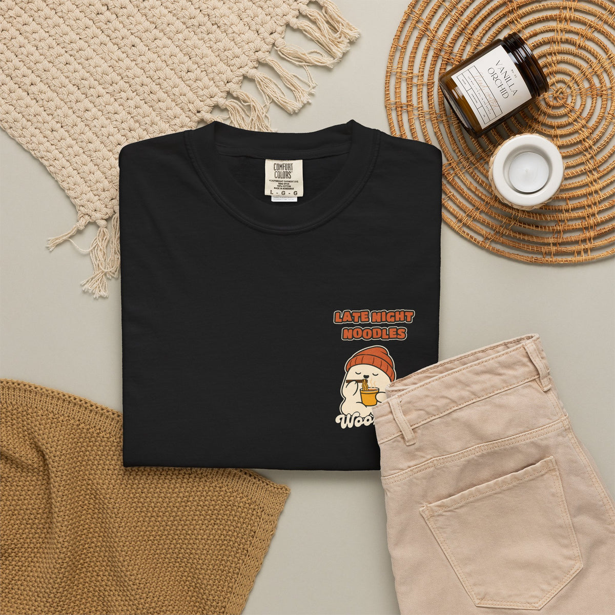 WoozKa Brands Late Night Noodles Ghost Garment-Dyed T-Shirt, Two-Sided