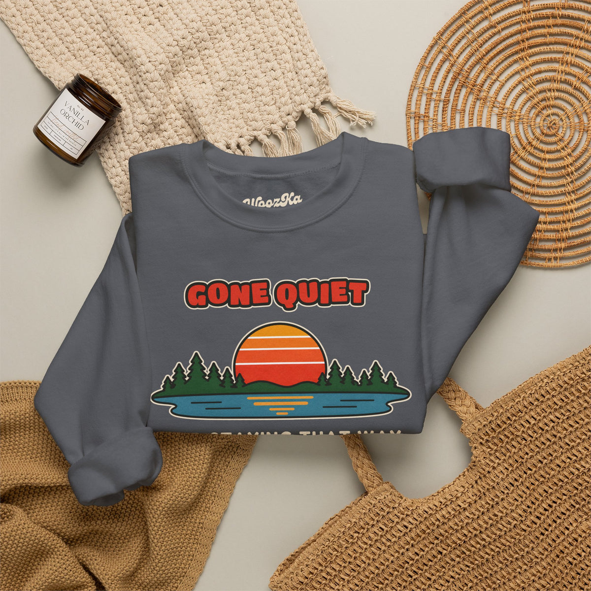 WoozKa Brands Retro Sunset Lake Sweatshirt, Nature Outdoors Front Print
