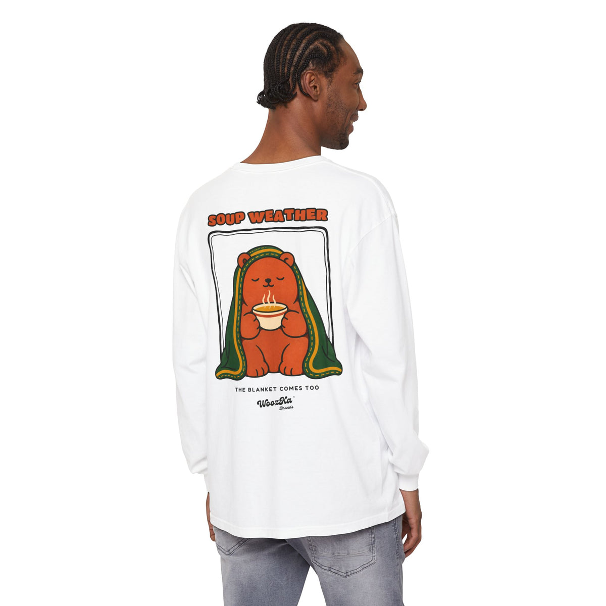 WoozKa Brands Soup Weather Bear Long Sleeve T-Shirt, Front and Back Graphic