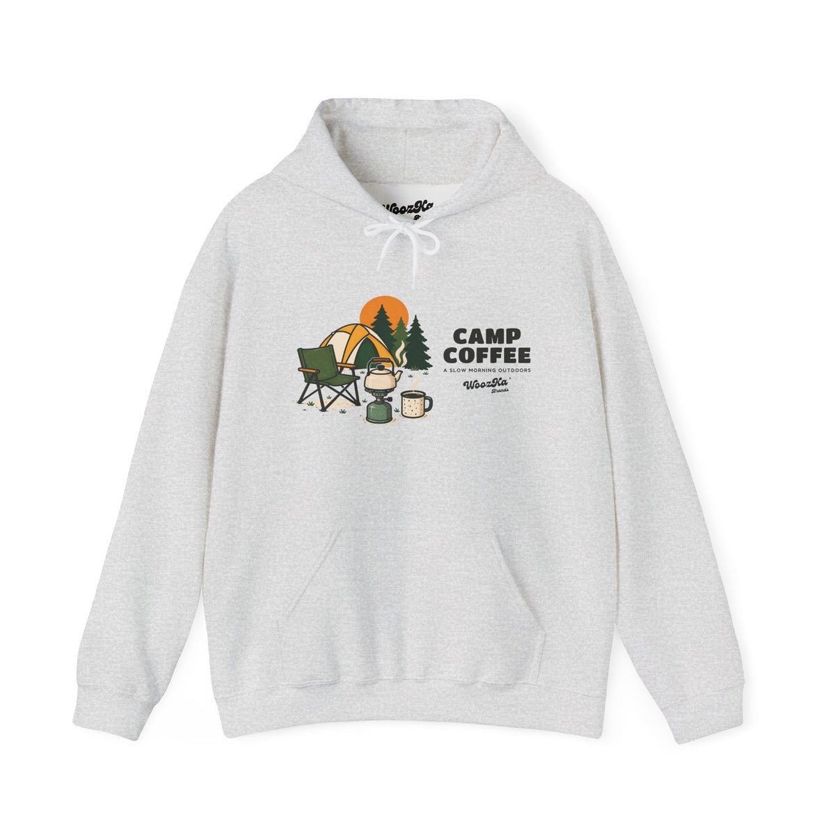 WoozKa Brands Camping Coffee Hoodie, Outdoor Tent Kettle Wide Front Print