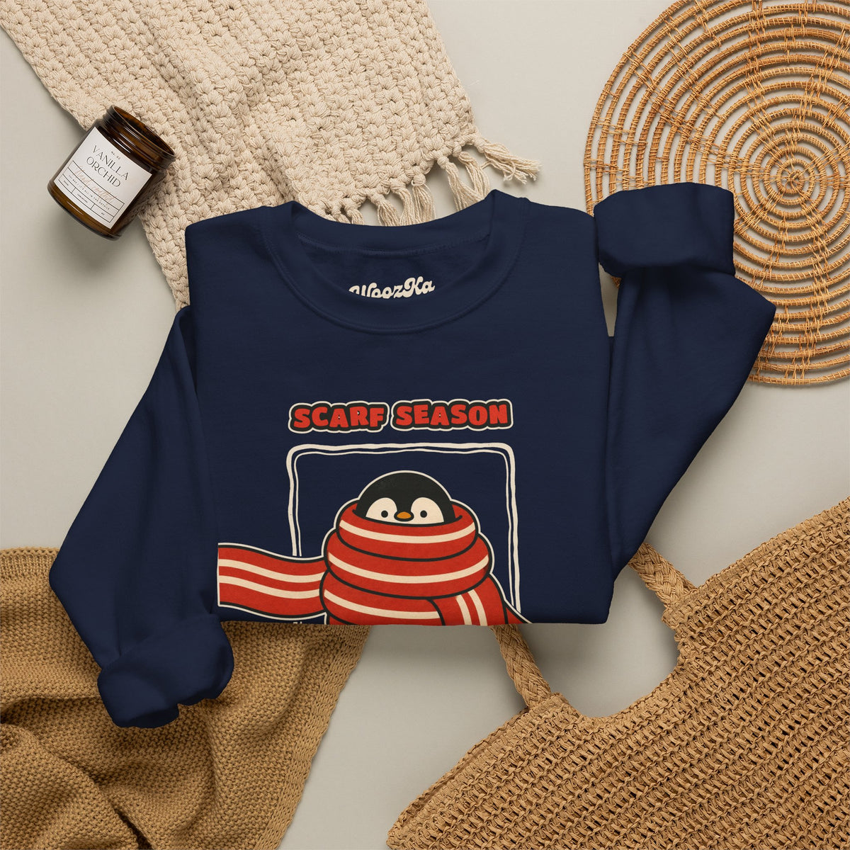 WoozKa Brands Scarf Season Penguin Crewneck Sweatshirt, Front Graphic