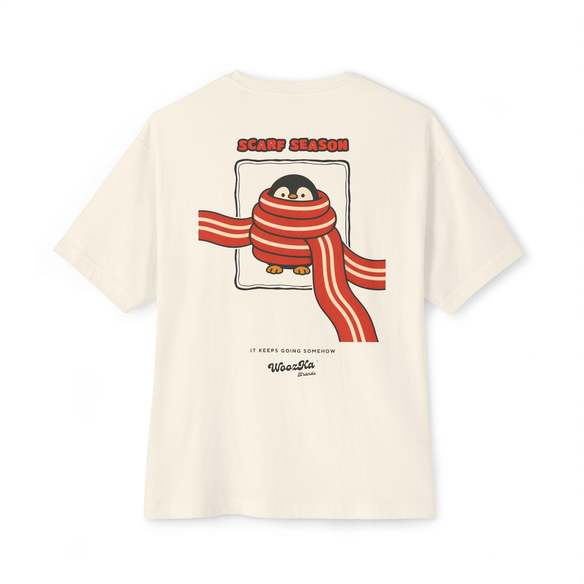 WoozKa Brands Scarf Season Penguin Oversized Boxy T-Shirt, Two-Sided