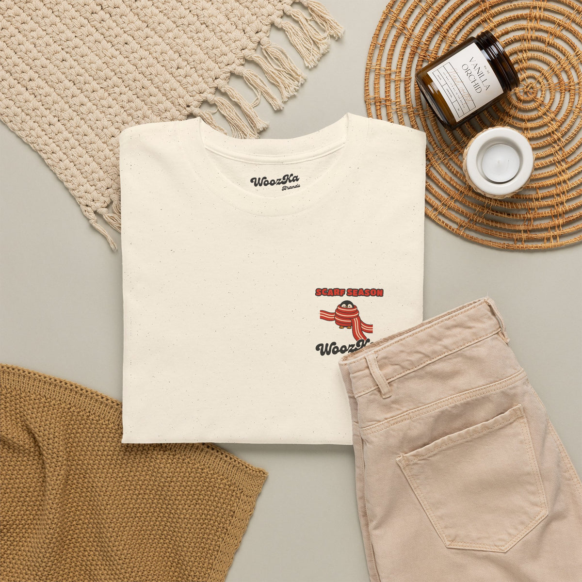 WoozKa Brands Scarf Season Penguin Heavy Cotton T-Shirt, Two-Sided Graphic