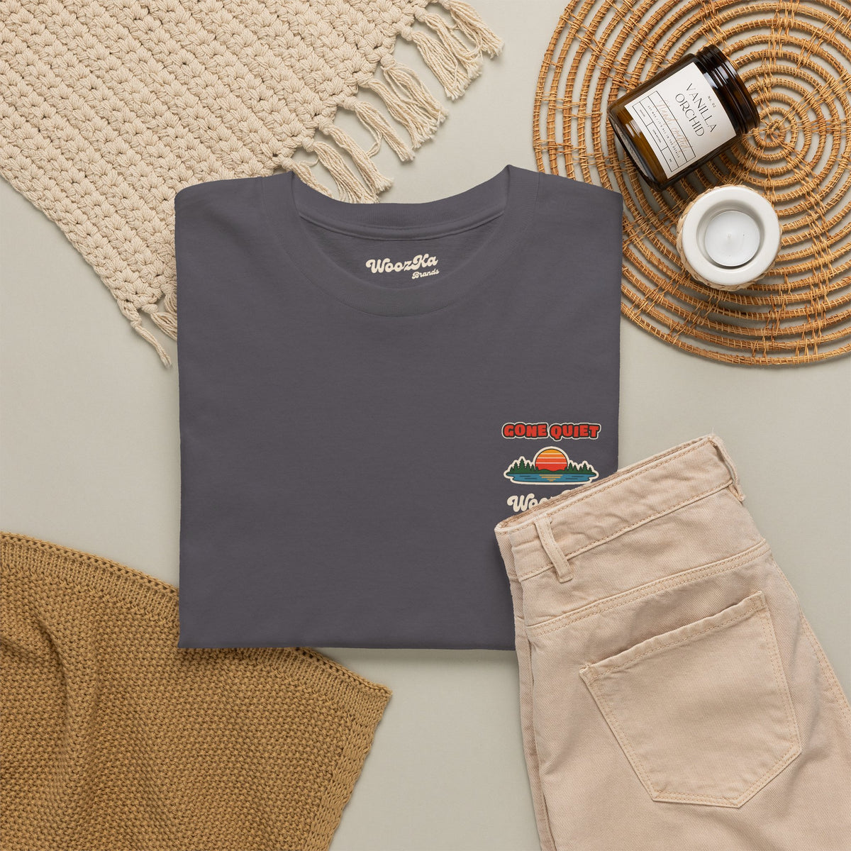 WoozKa Brands Retro Sunset Lake T-Shirt, Nature Outdoors Pine Back Print