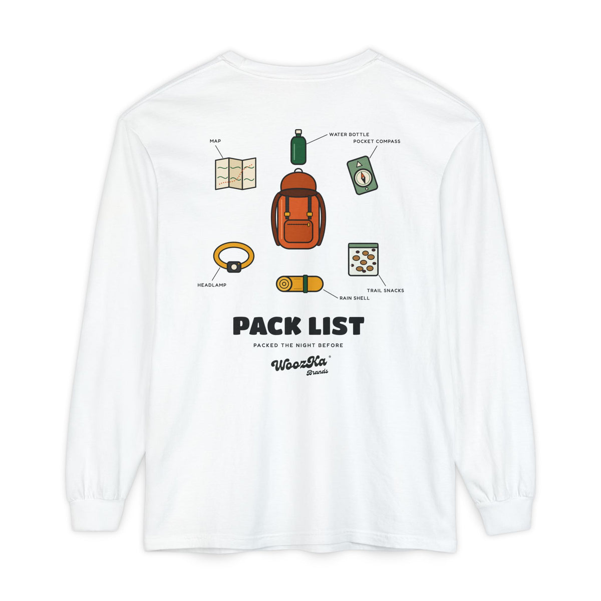 WoozKa Brands Hiking Long Sleeve Tee, Backpacking Gear List Back Print