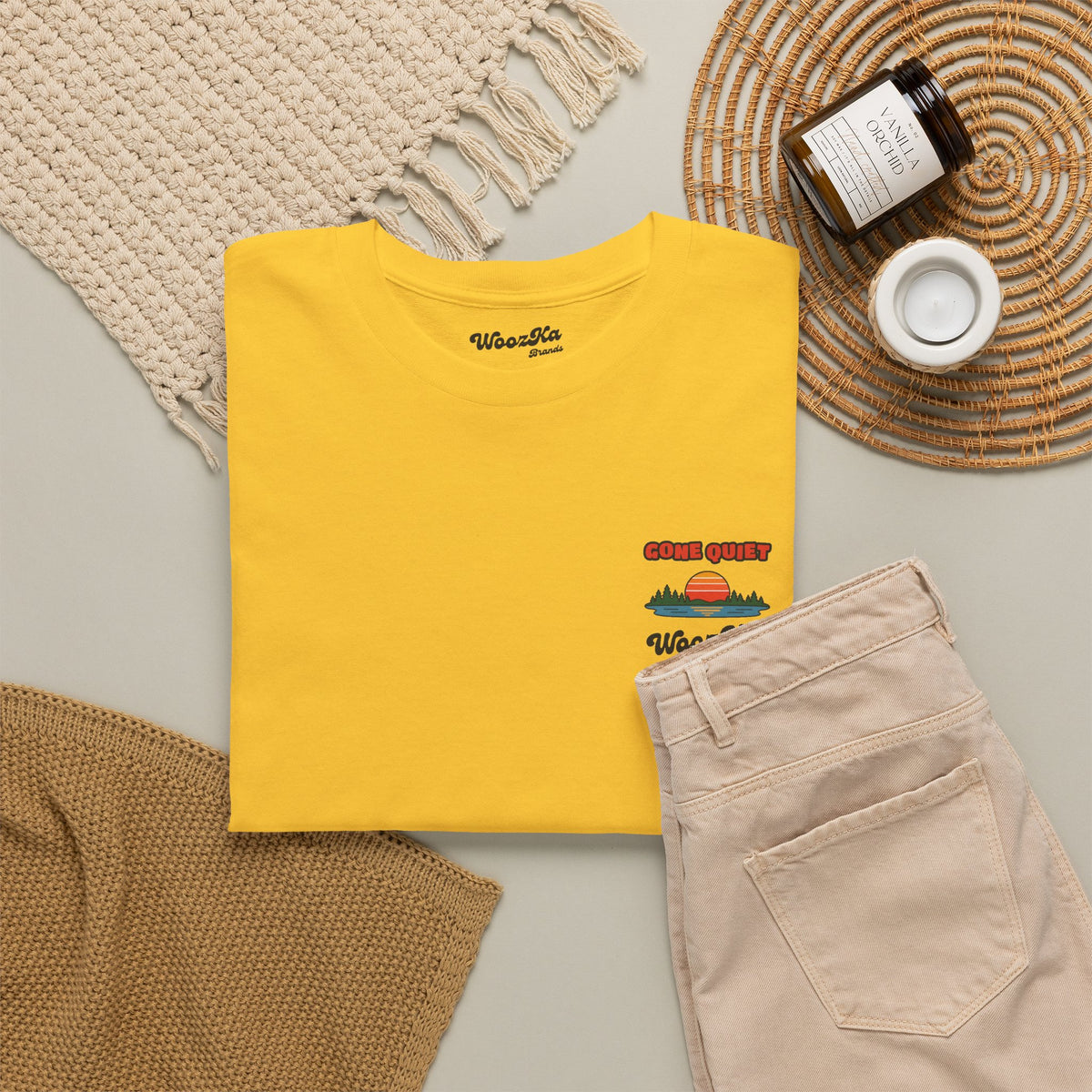 WoozKa Brands Retro Sunset Lake T-Shirt, Nature Outdoors Pine Back Print