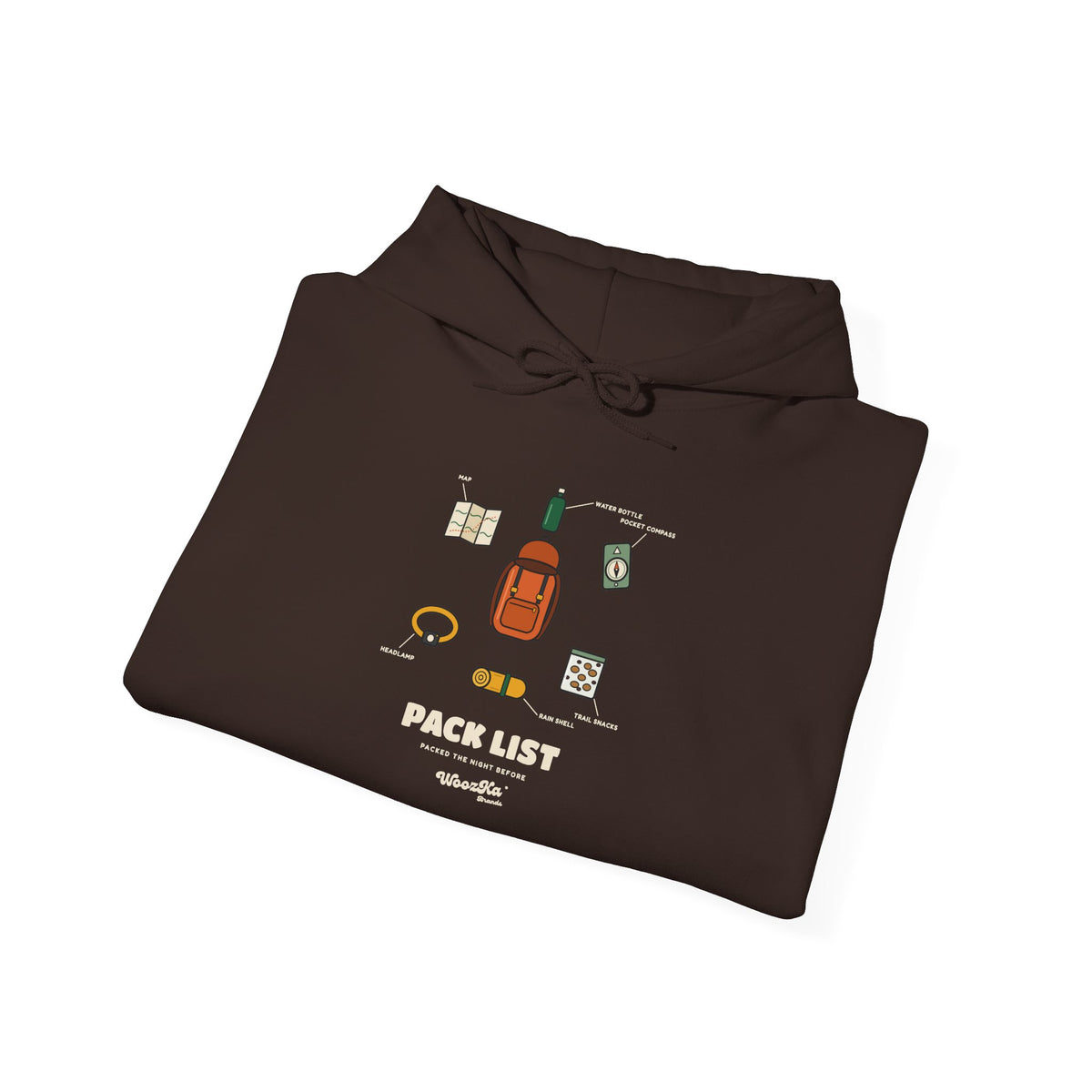 WoozKa Brands Hiking Hoodie, Backpacking Gear List Front Print