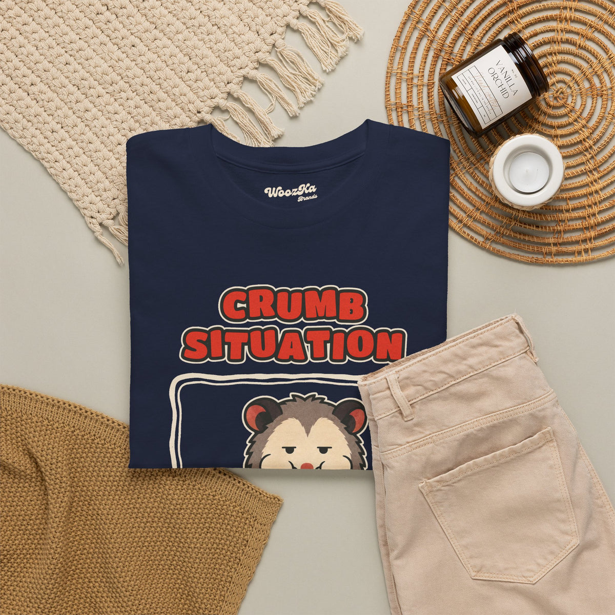 WoozKa Brands Crumb Situation Opossum Heavy Cotton T-Shirt, Front Graphic