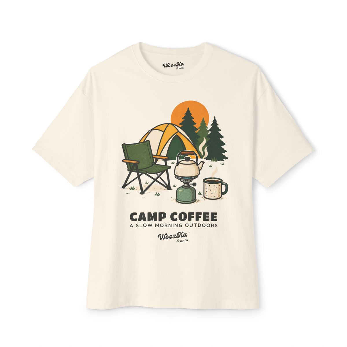 WoozKa Brands Camp Coffee Camping Oversized Boxy T-Shirt, Front Graphic