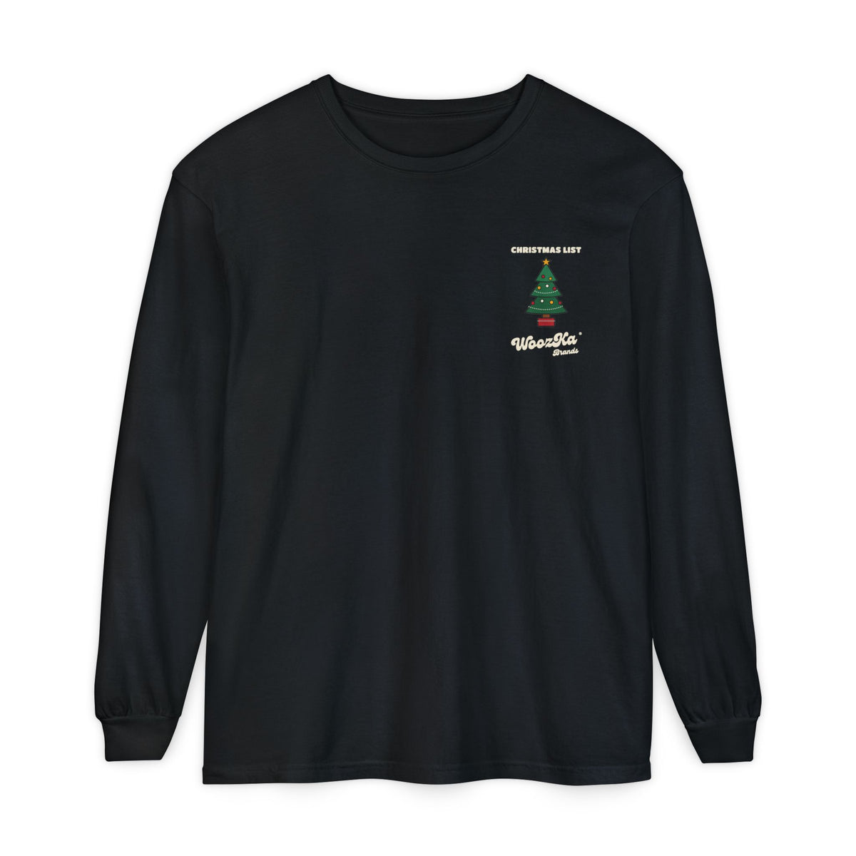 WoozKa Brands Cute Christmas Tree Long Sleeve Tee, Holiday List Back Print