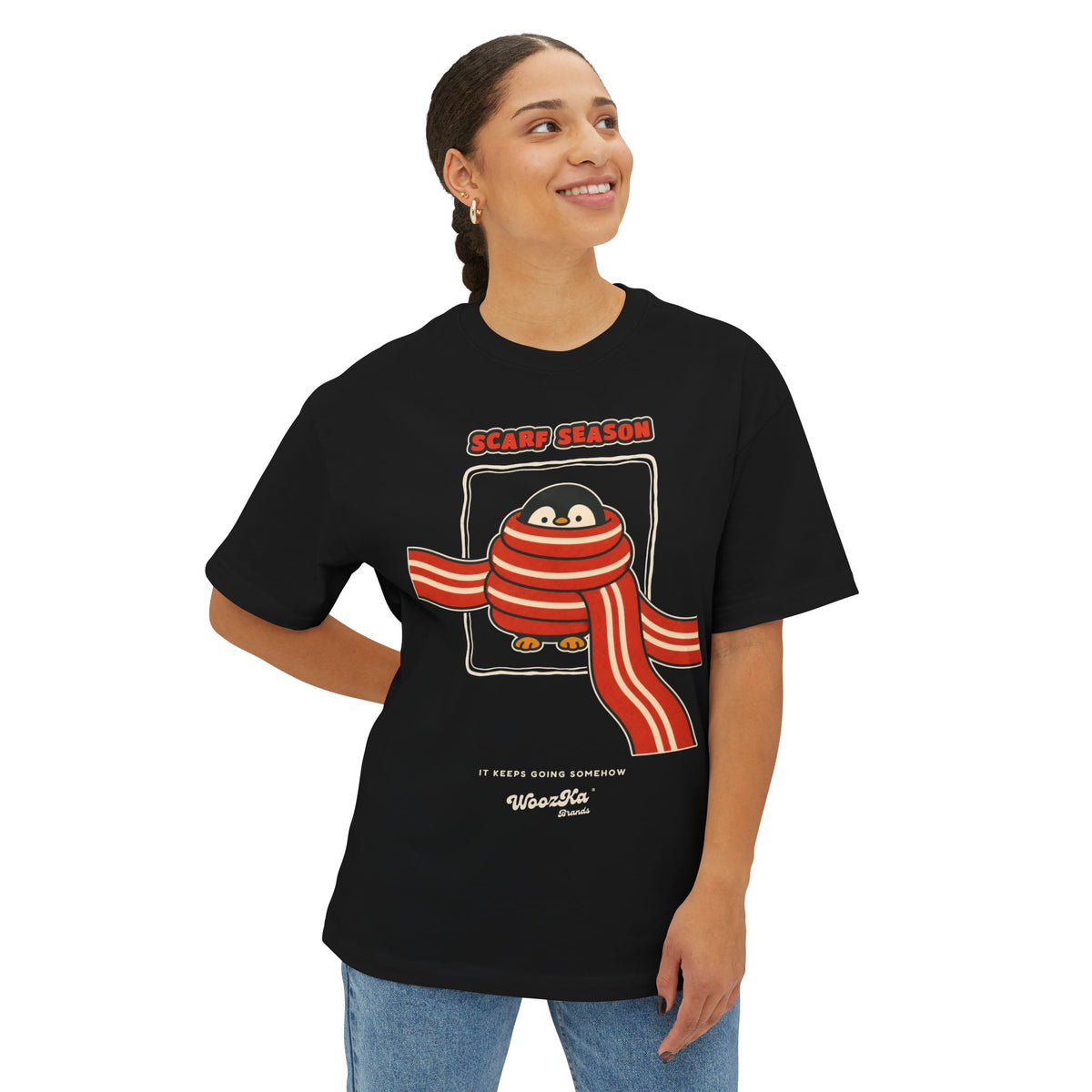 WoozKa Brands Scarf Season Penguin Oversized Boxy T-Shirt, Front Graphic