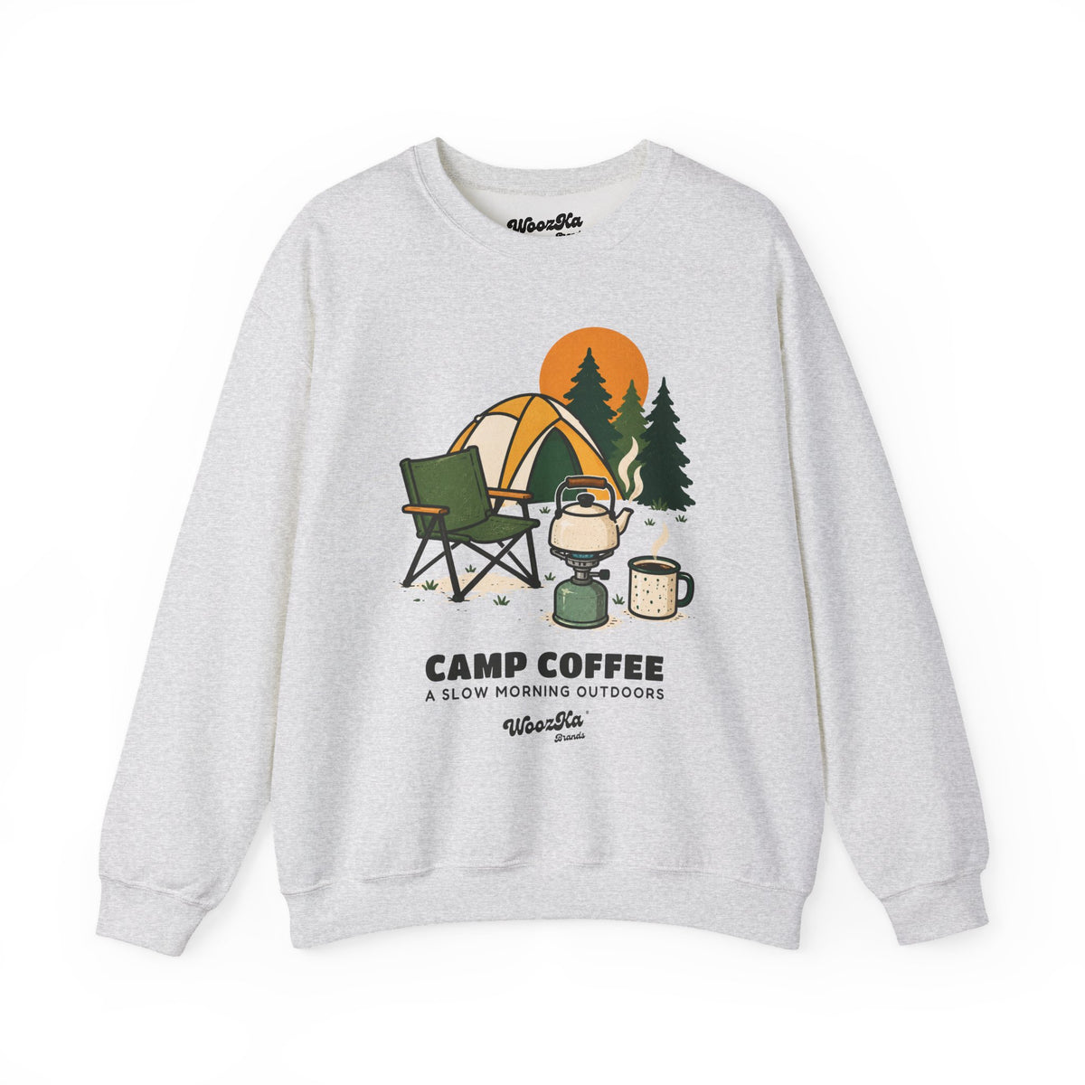 WoozKa Brands Camping Coffee Sweatshirt, Outdoor Tent Kettle Front Print