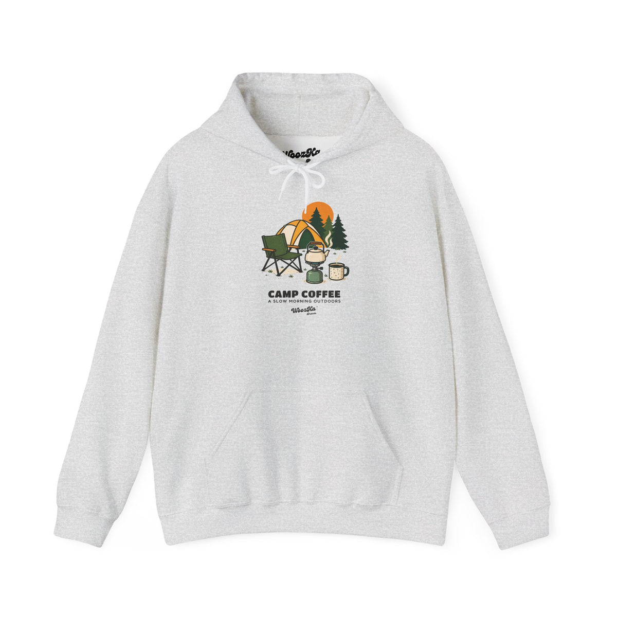 WoozKa Brands Camping Coffee Hoodie, Outdoor Tent Kettle Front Print