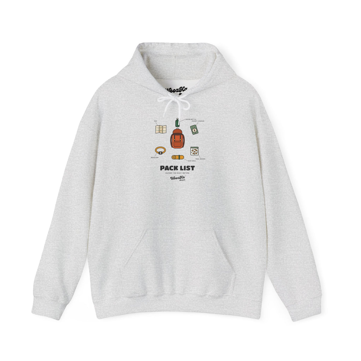 WoozKa Brands Hiking Hoodie, Backpacking Gear List Front Print