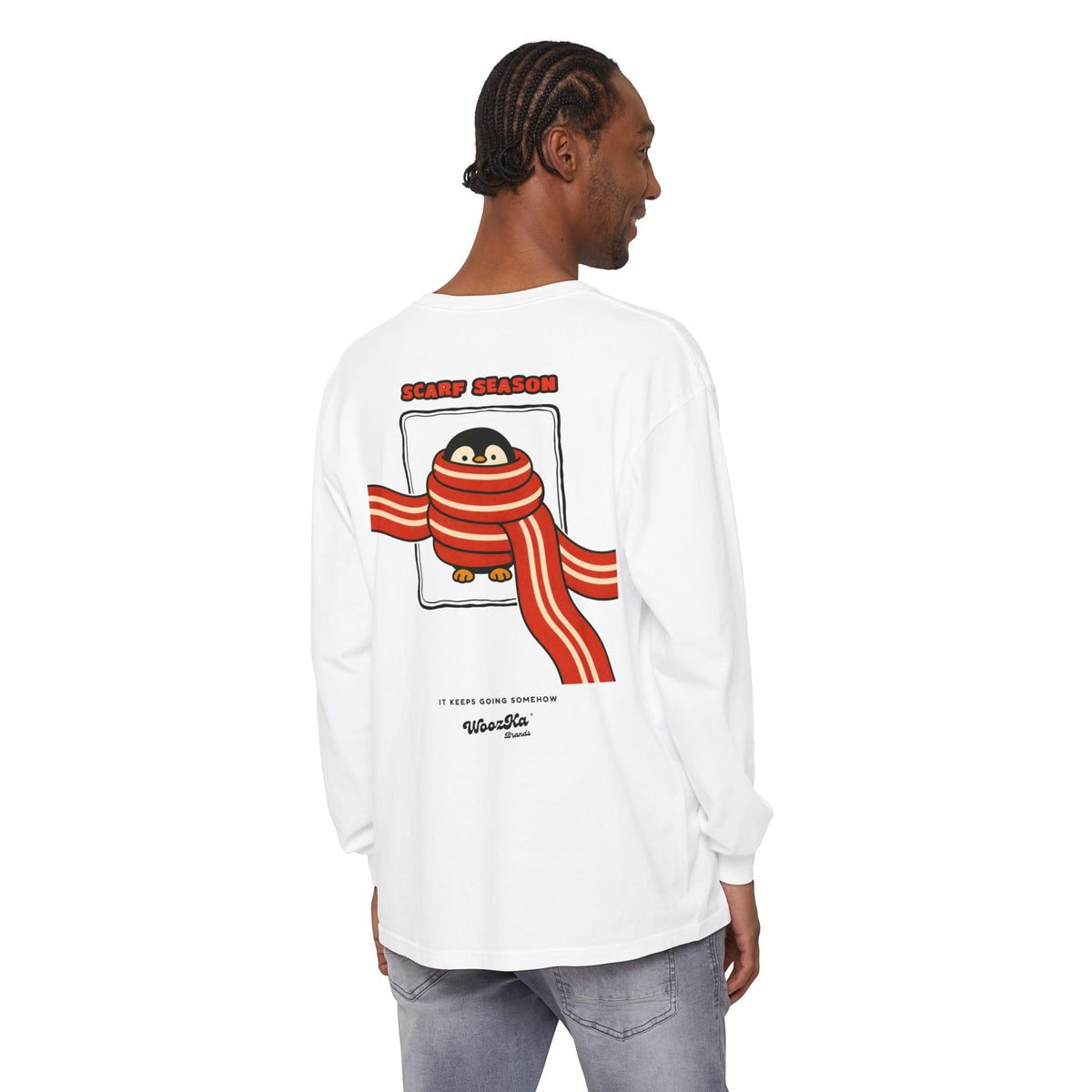 WoozKa Brands Scarf Season Penguin Long Sleeve T-Shirt, Two-Sided Graphic