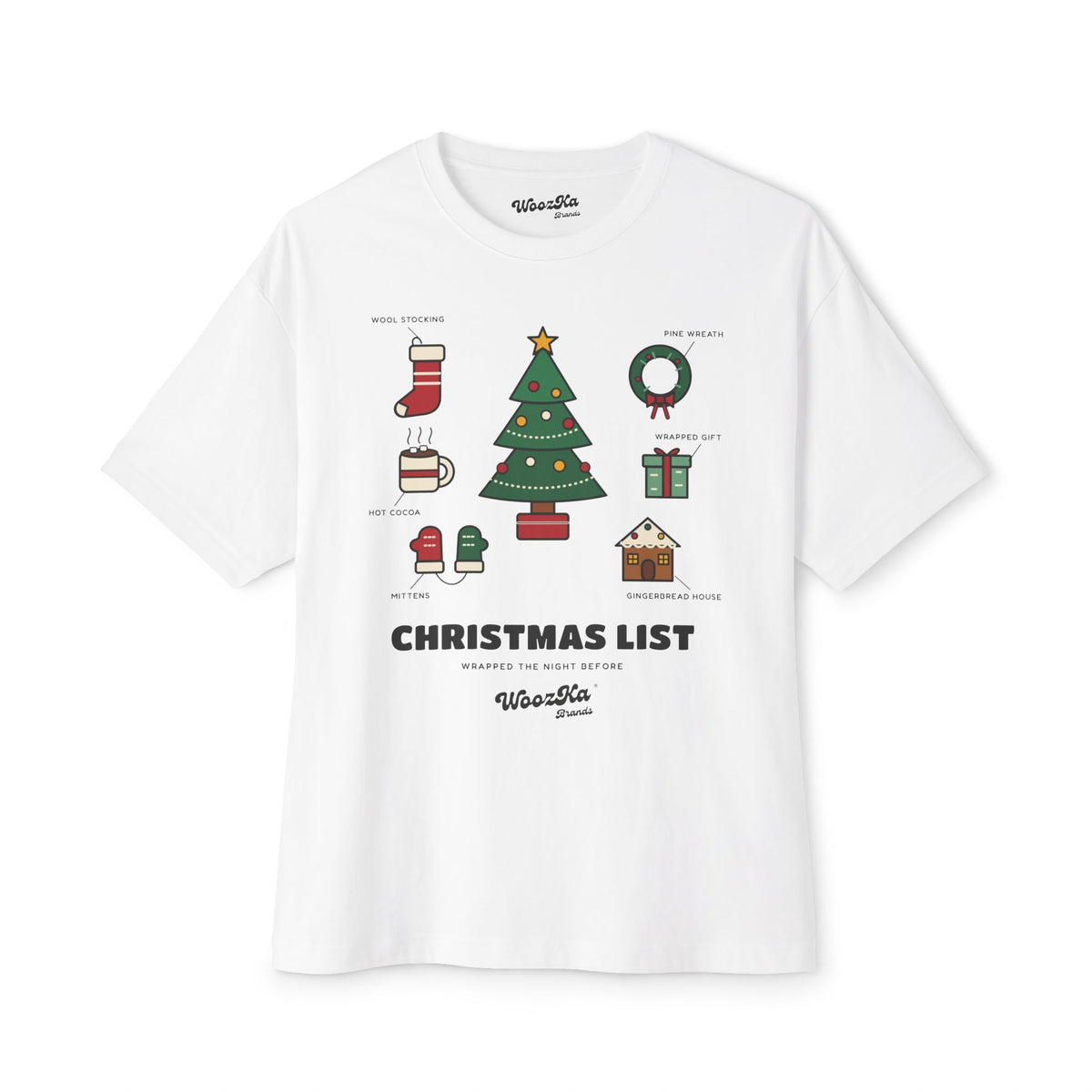 WoozKa Brands Cute Christmas Tree Oversized Tee, Holiday List Front Print