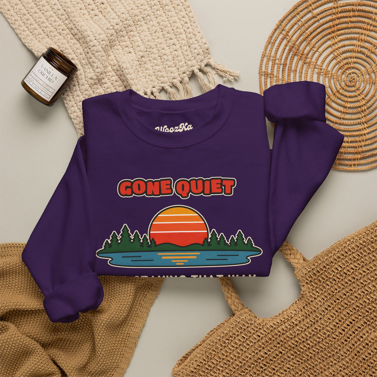 WoozKa Brands Retro Sunset Lake Sweatshirt, Nature Outdoors Front Print