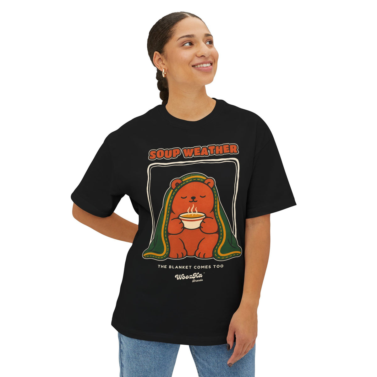 WoozKa Brands Soup Weather Bear Oversized Boxy T-Shirt, Front Graphic