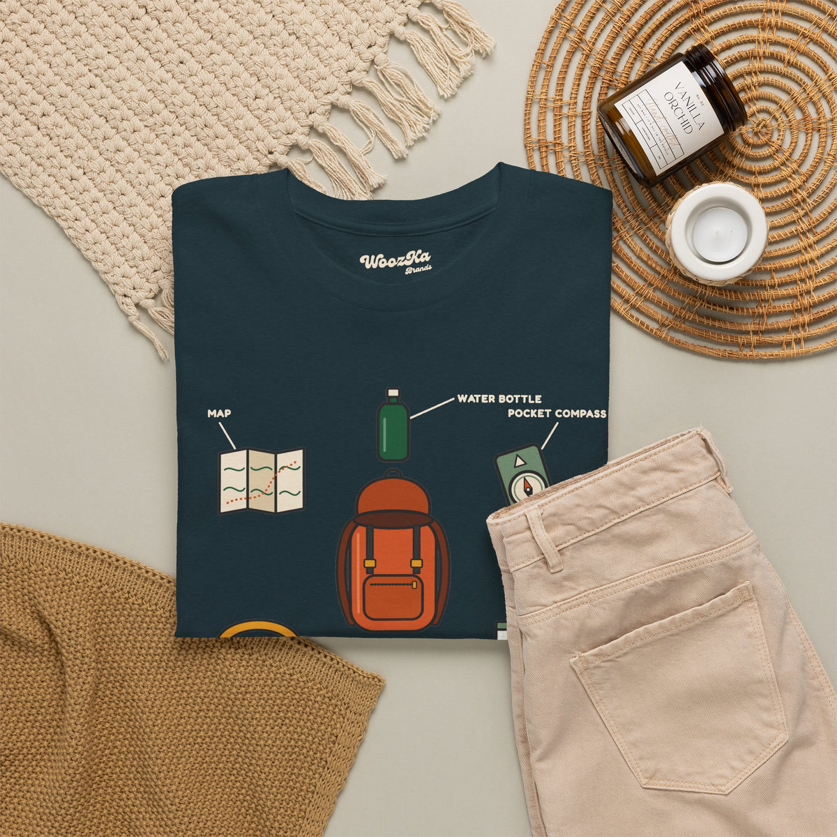 WoozKa Brands Hiking T-Shirt, Backpacking Gear List Front Print