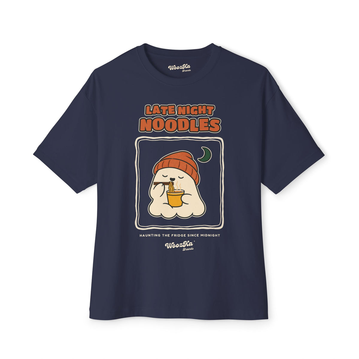 WoozKa Brands Late Night Noodles Ghost Oversized Boxy T-Shirt, Front Print