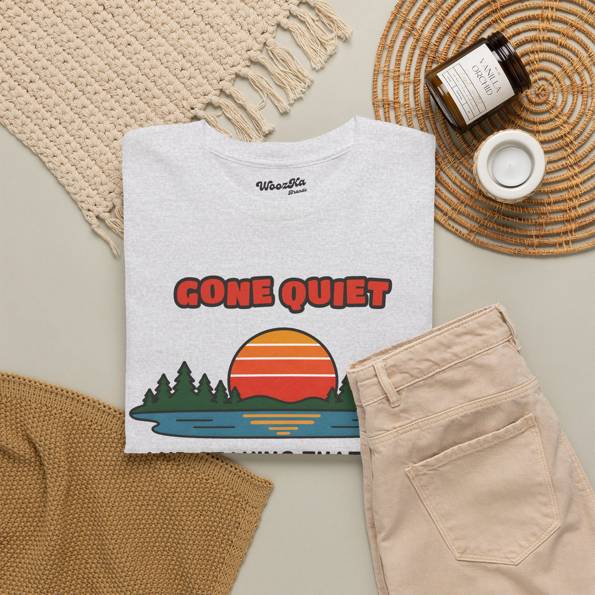 WoozKa Brands Retro Sunset Lake T-Shirt, Nature Outdoors Pine Front Print