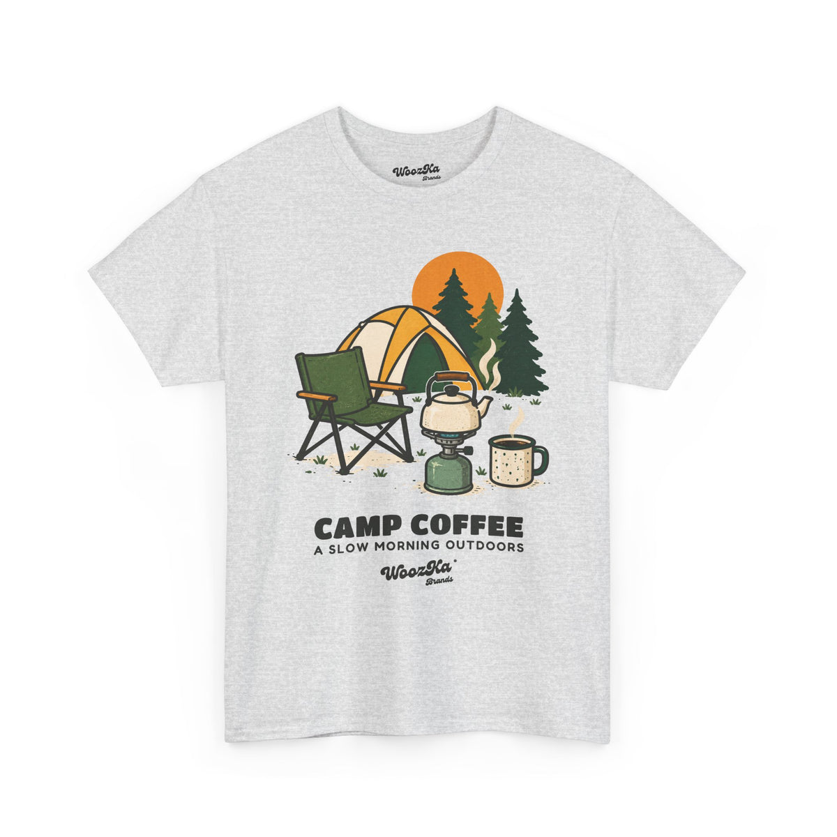 WoozKa Brands Camping Coffee T-Shirt, Outdoor Tent Kettle Front Print