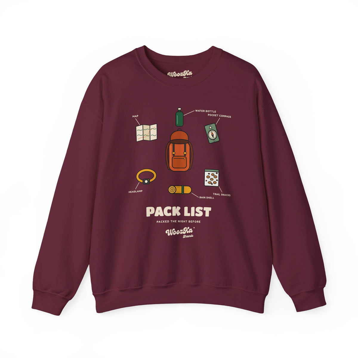 WoozKa Brands Hiking Sweatshirt, Backpacking Gear List Front Print
