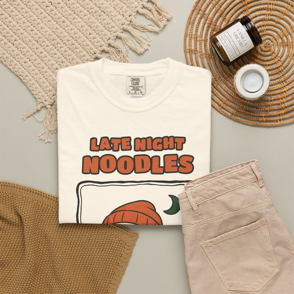 WoozKa Brands Late Night Noodles Ghost Garment-Dyed T-Shirt, Front Graphic