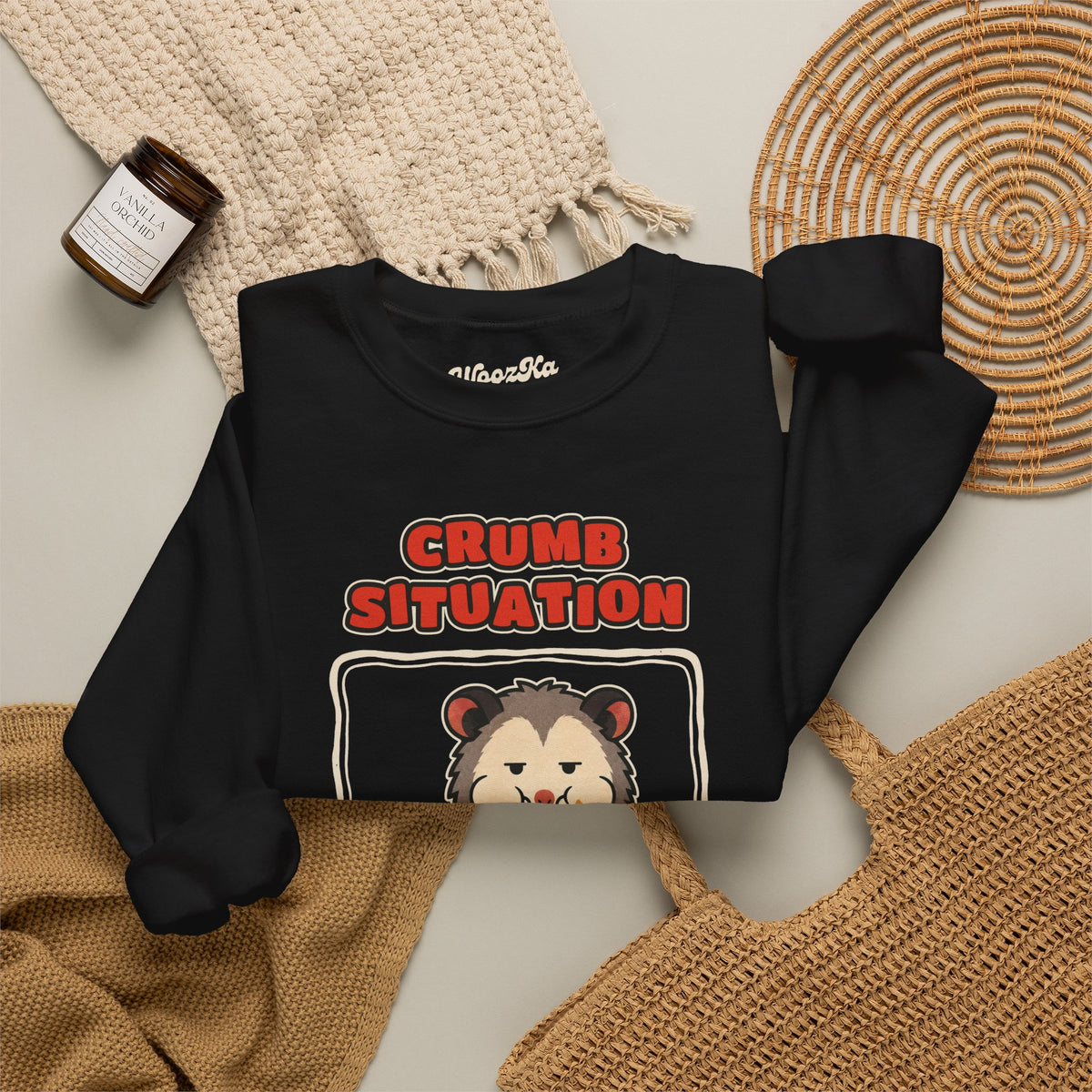 WoozKa Brands Crumb Situation Opossum Crewneck Sweatshirt, Front Graphic