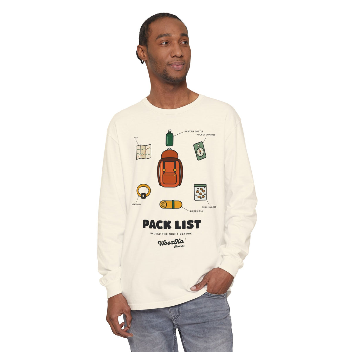 WoozKa Brands Hiking Long Sleeve Tee, Backpacking Gear List Front Print