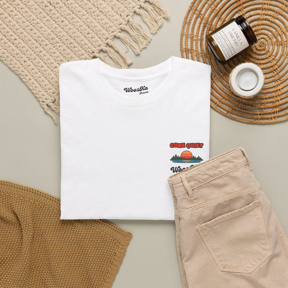 WoozKa Brands Retro Sunset Lake T-Shirt, Nature Outdoors Pine Back Print