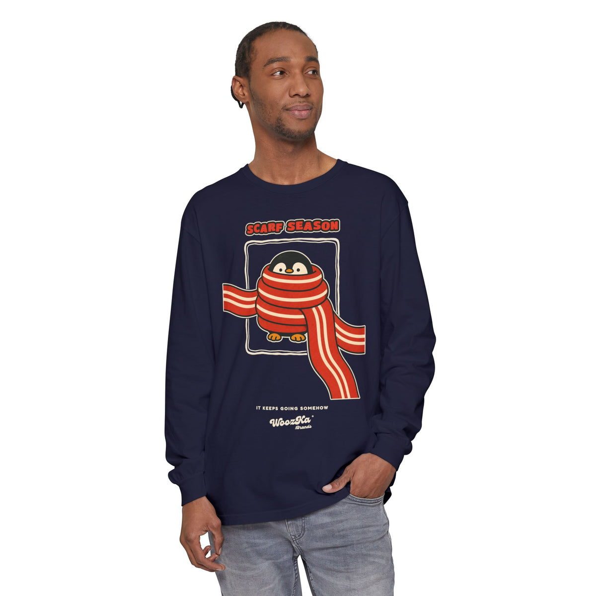 WoozKa Brands Scarf Season Penguin Long Sleeve T-Shirt, Front Graphic
