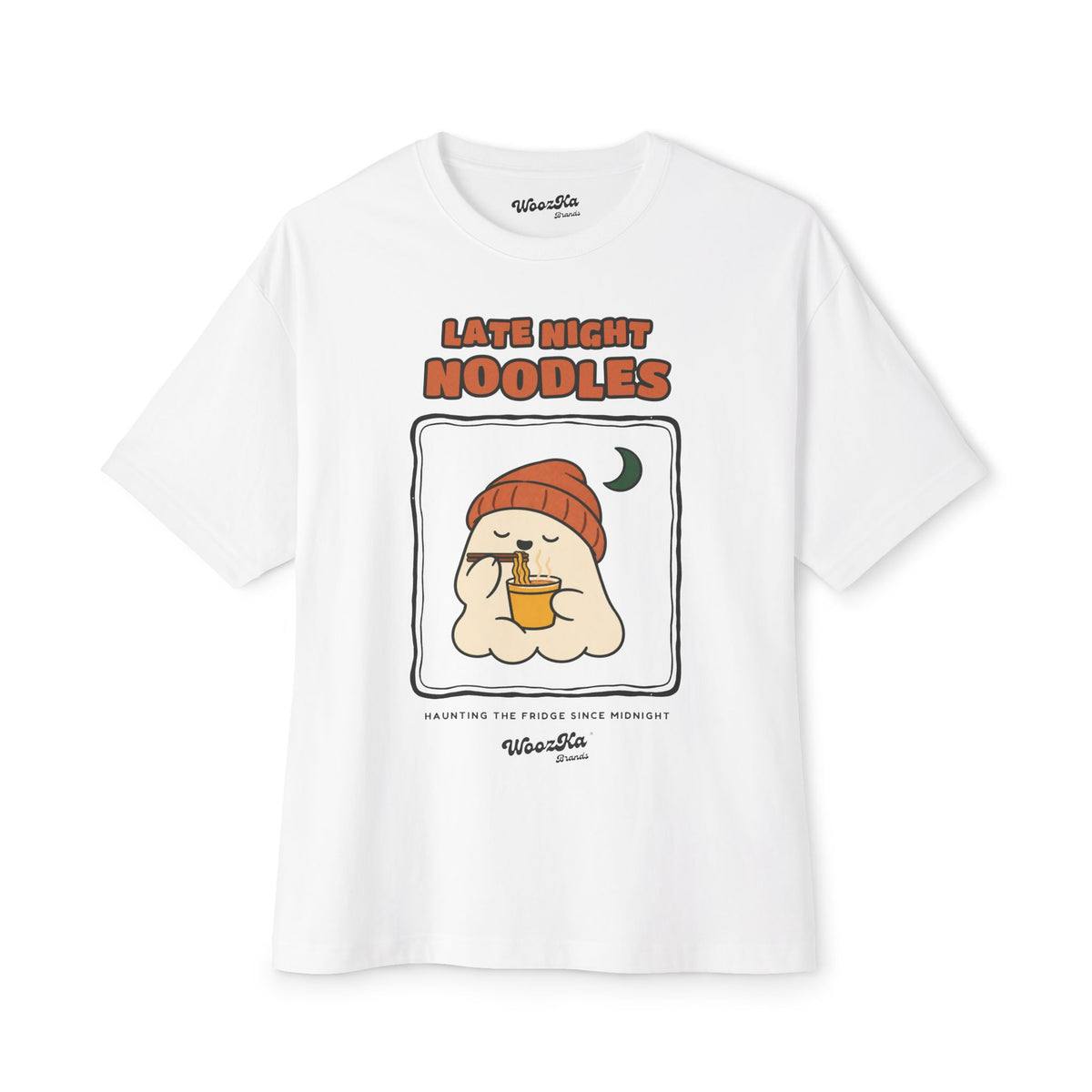 WoozKa Brands Late Night Noodles Ghost Oversized Boxy T-Shirt, Front Print