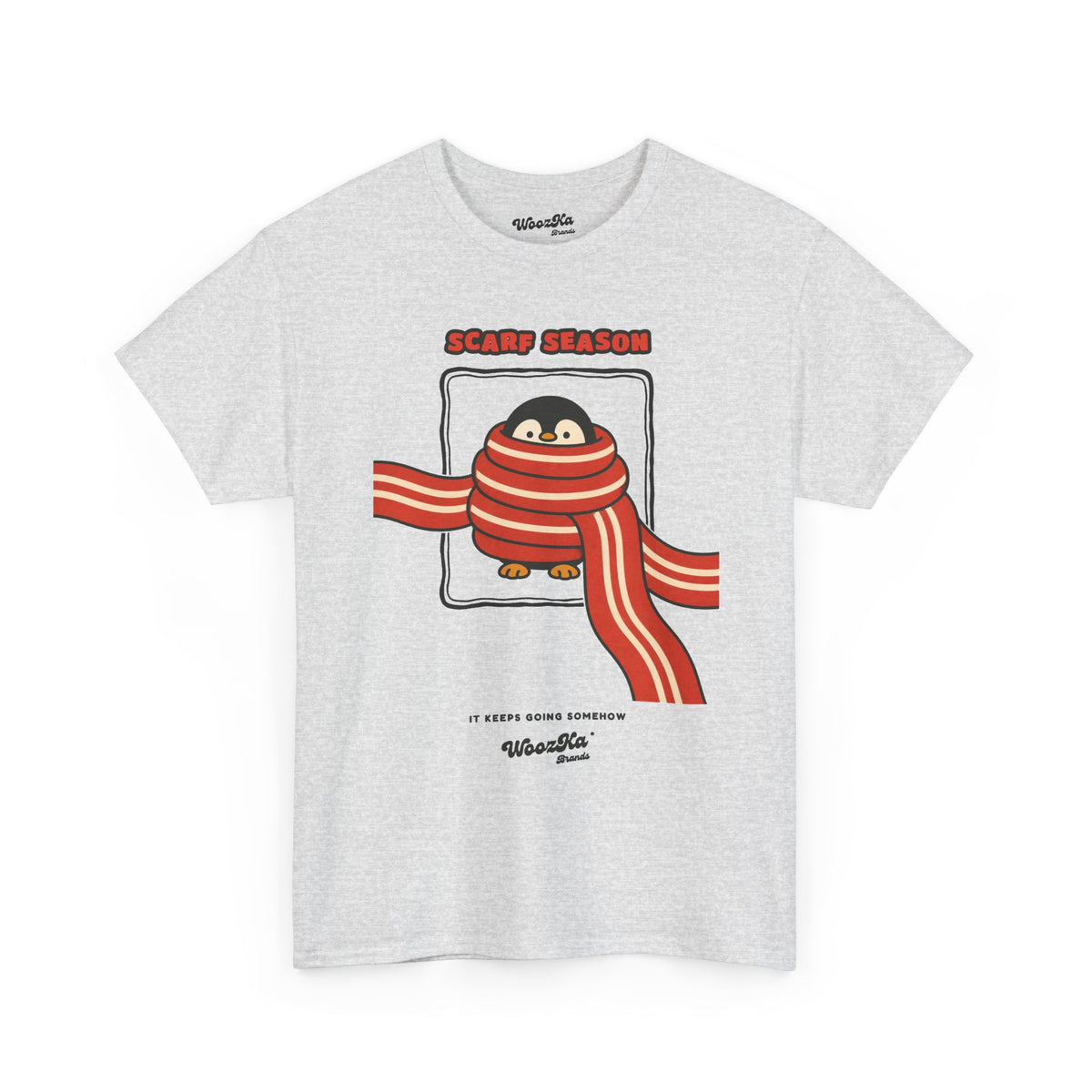 WoozKa Brands Scarf Season Penguin Heavy Cotton T-Shirt, Front Graphic