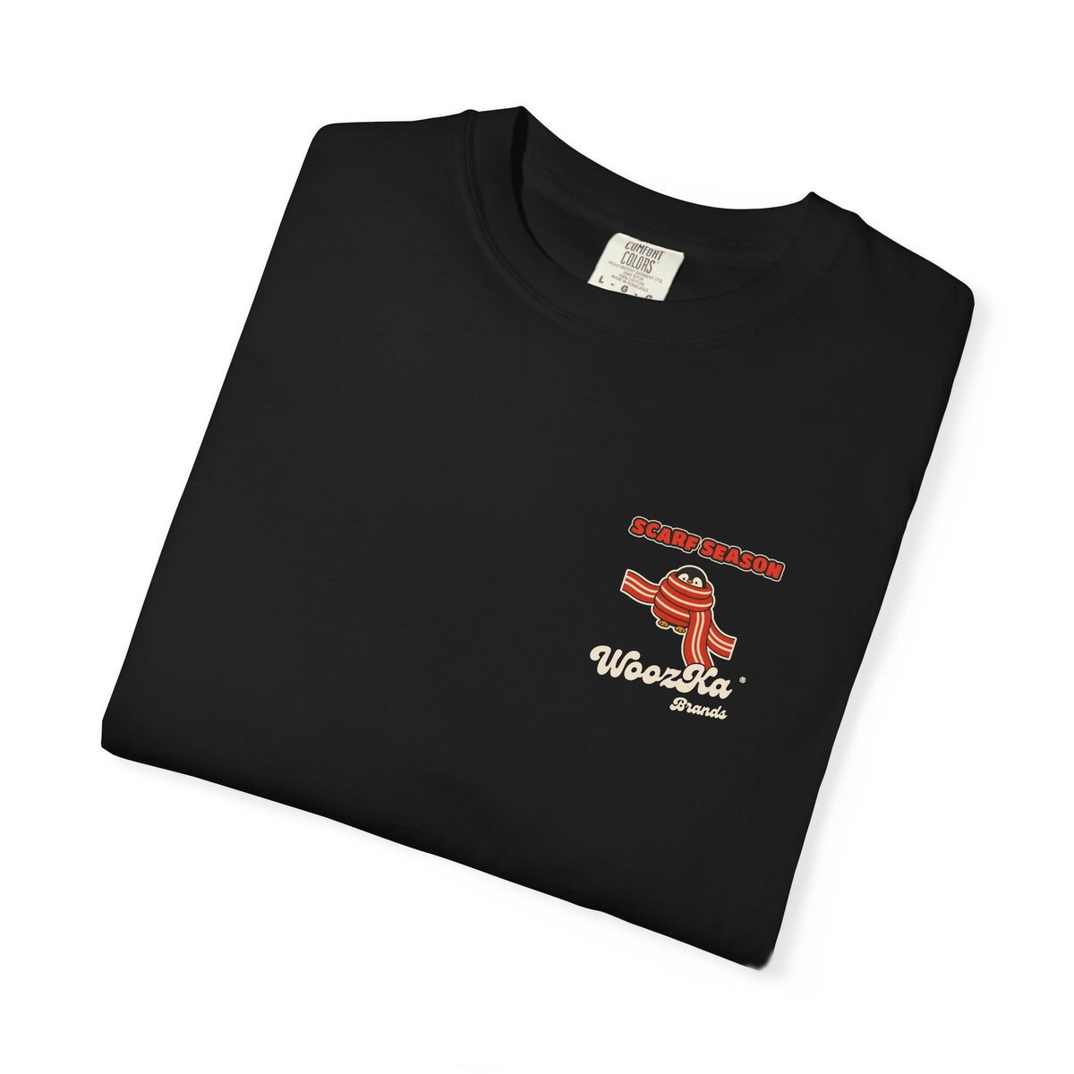 WoozKa Brands Scarf Season Penguin Garment-Dyed T-Shirt, Two-Sided Graphic