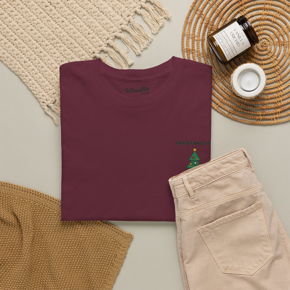 WoozKa Brands Cute Christmas Tree T-Shirt, Holiday List Back Print
