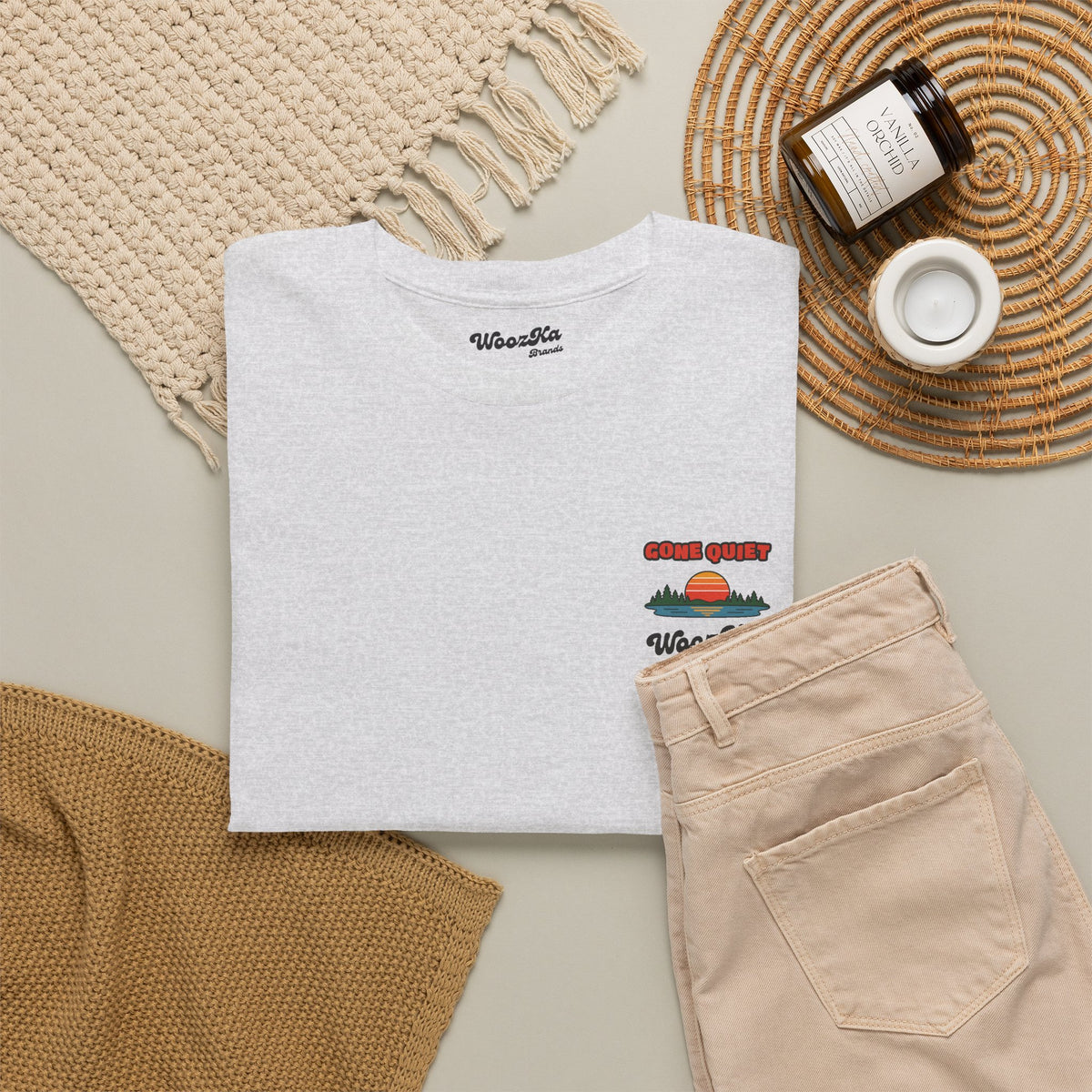 WoozKa Brands Retro Sunset Lake T-Shirt, Nature Outdoors Pine Back Print
