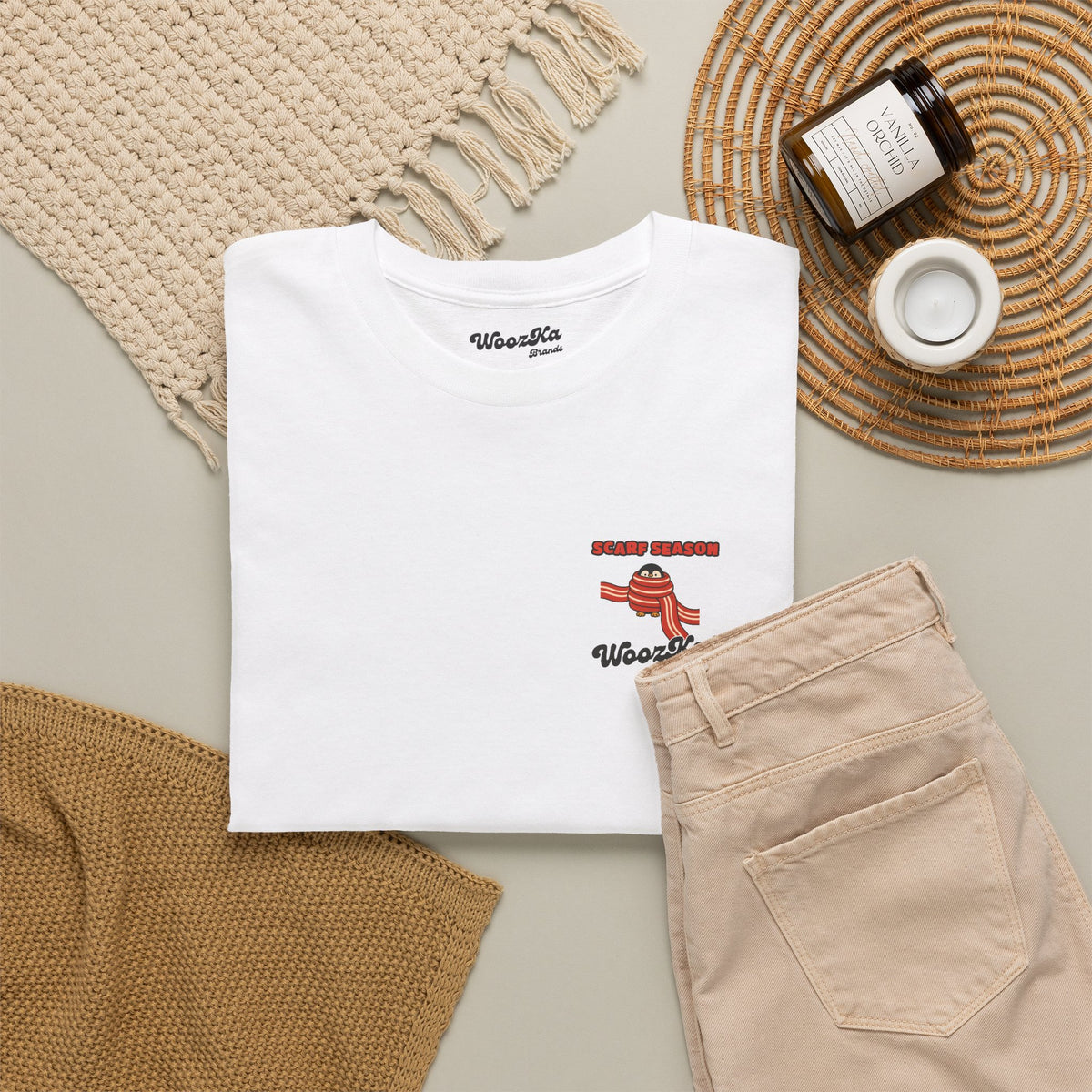 WoozKa Brands Scarf Season Penguin Heavy Cotton T-Shirt, Two-Sided Graphic