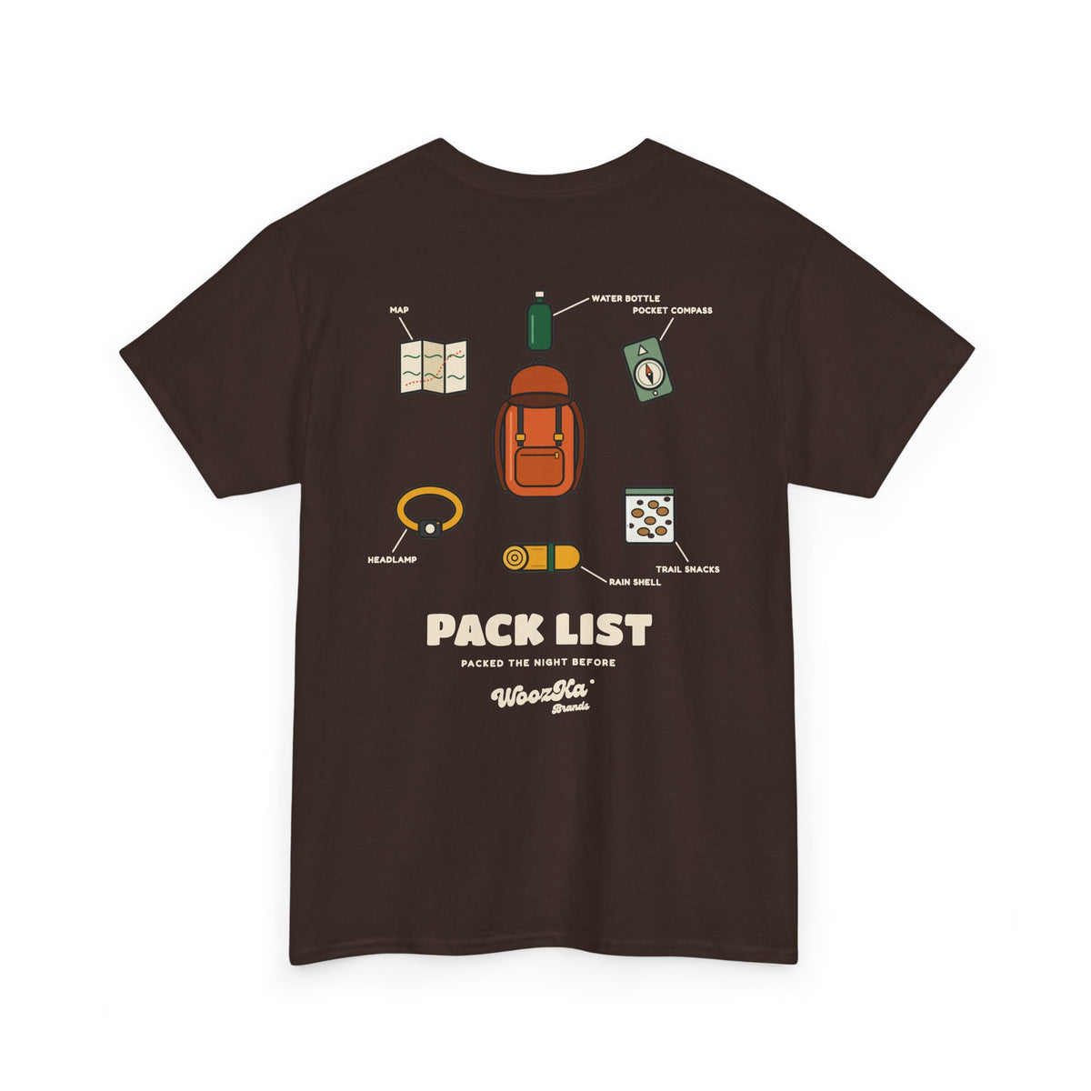WoozKa Brands Hiking T-Shirt, Backpacking Gear List Back Print
