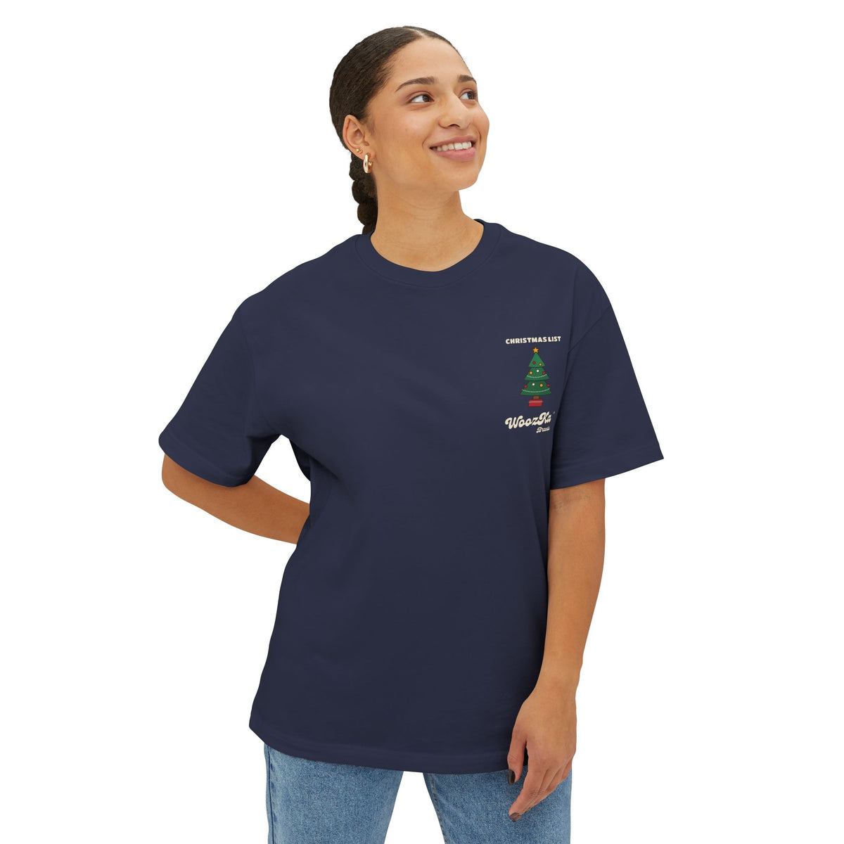 WoozKa Brands Cute Christmas Tree Oversized Tee, Holiday List Back Print
